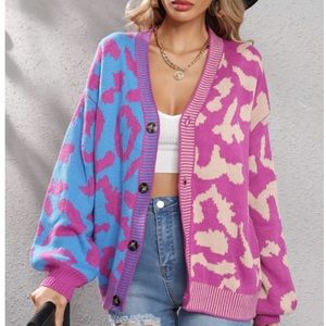 New In Leopard Color Block Patchwork Women's Knit Cardigan Sweater Button Down